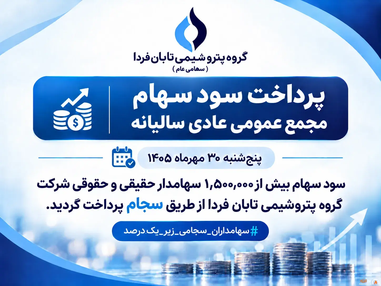 سود سهام «تابان فردا» واریز شد؛ بازدهی بیش از ۸۰ درصدی از زمان عرضه اولیه